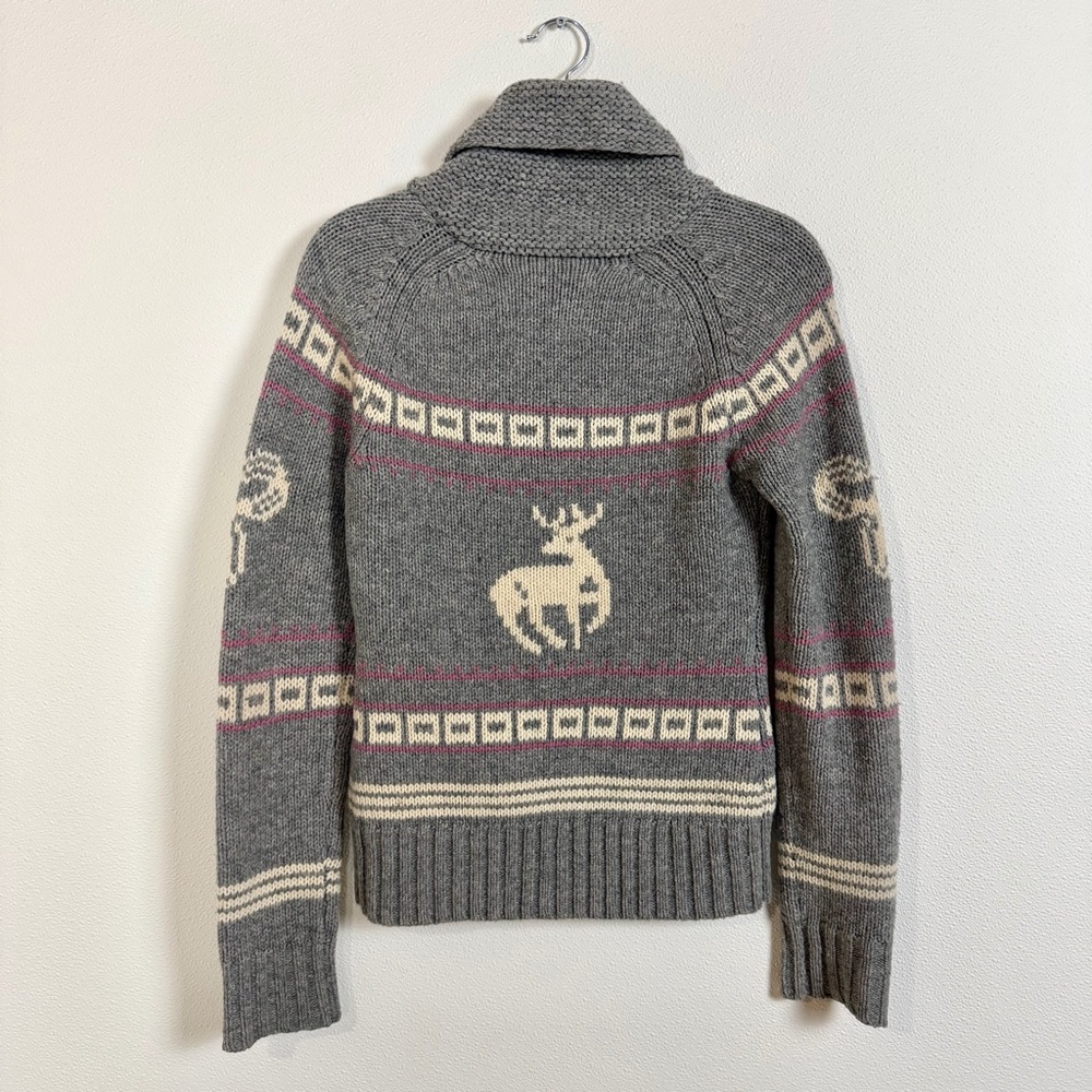 TNA 100% Lambswool Deer Fair Isle Zip Cardigan Sweater Medium Grey Nordic Cabin - Picture 10 of 15